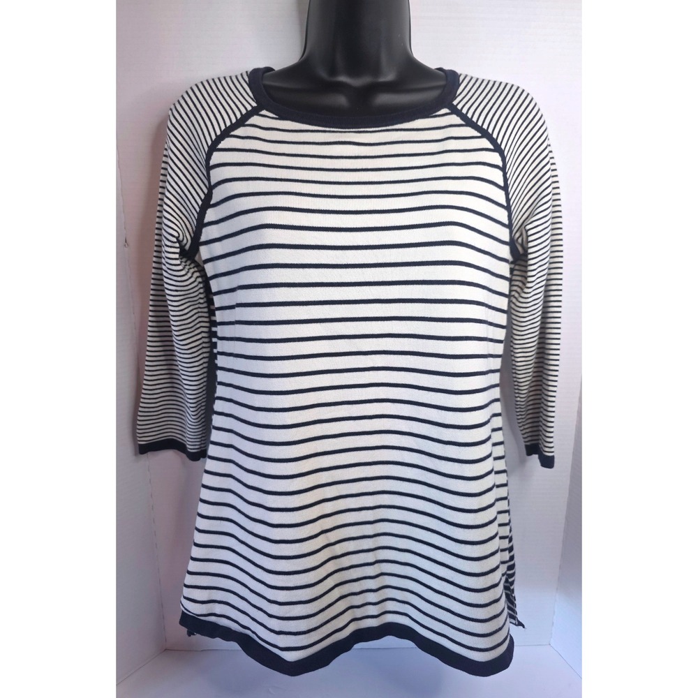 Talbots Petites Navy White Striped 3/4 Sleeve Raglan Sweater Knit Top SP